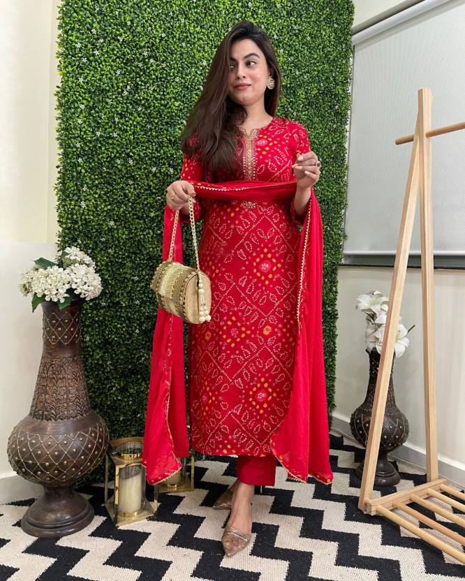 Red Colour Designer Printed Kurta with Pant and Dupatta