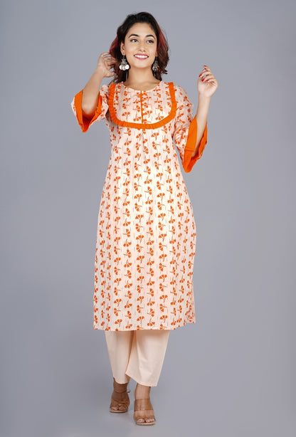 Orange staright Floral Kurta Set