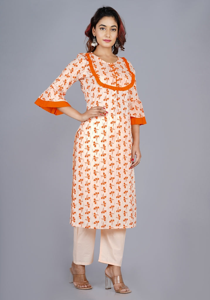 Orange staright Floral Kurta Set