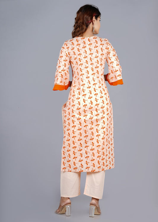 Orange staright Floral Kurta Set