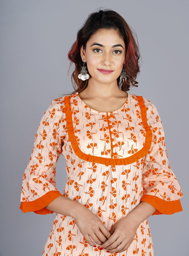 Orange staright Floral Kurta Set