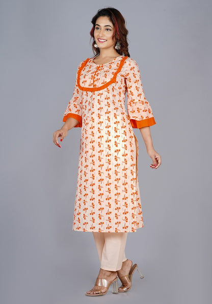 Orange staright Floral Kurta Set