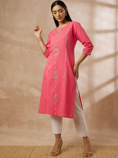 Pink Cotton Kurti with Embroidered