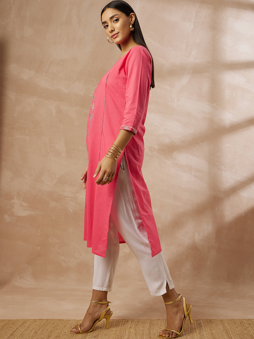 Pink Cotton Kurti with Embroidered
