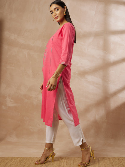 Pink Cotton Kurti with Embroidered