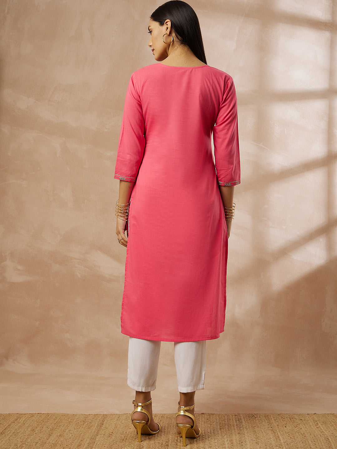 Pink Cotton Kurti with Embroidered