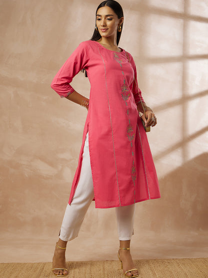 Pink Cotton Kurti with Embroidered