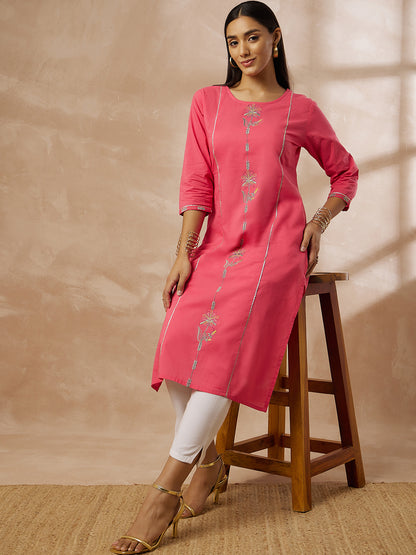 Pink Cotton Kurti with Embroidered