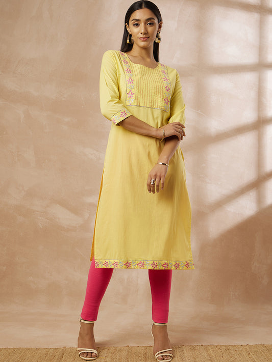 Yellow Cotton Straight Kurti with Embroidered