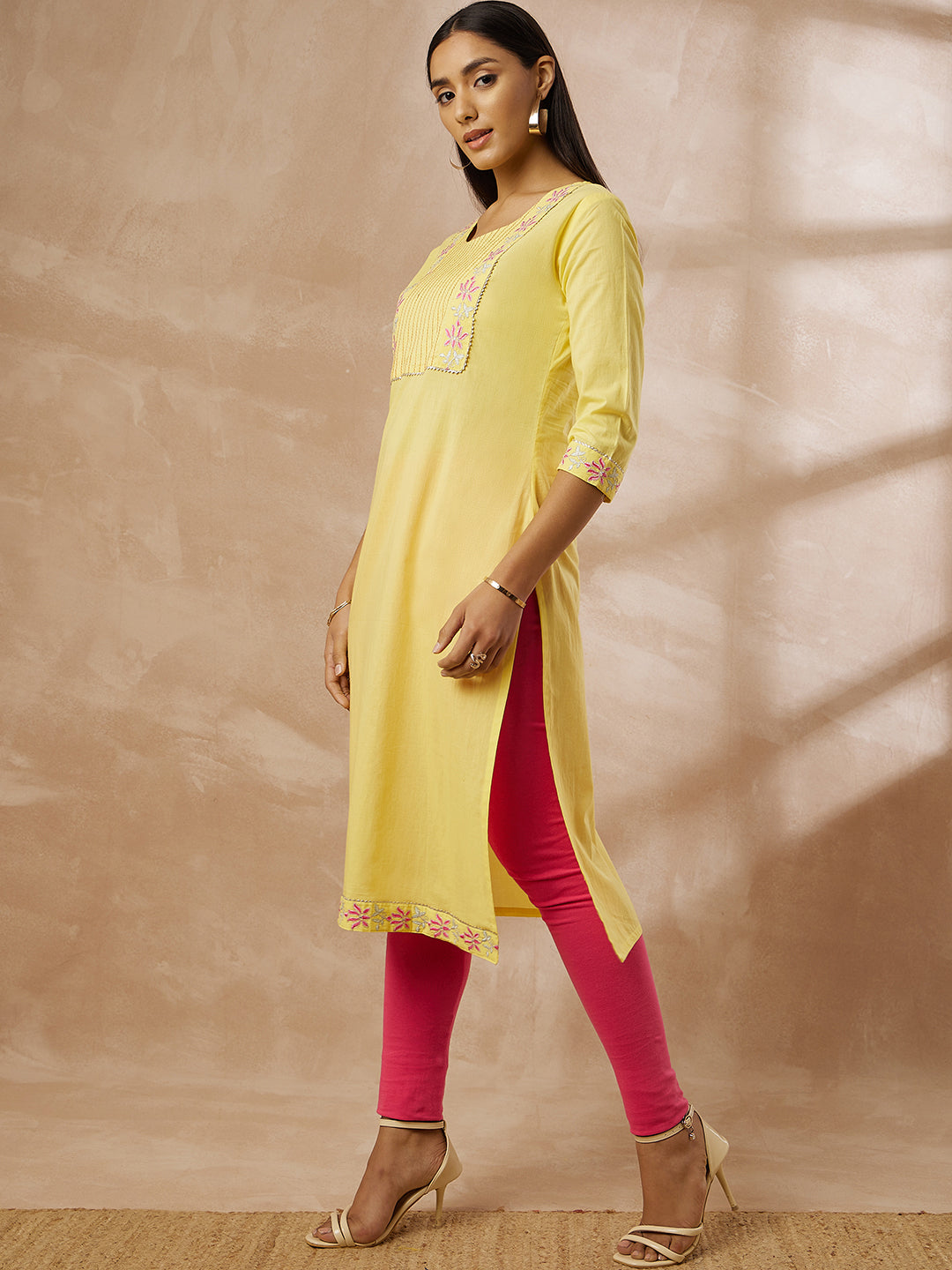 Yellow Cotton Straight Kurti with Embroidered