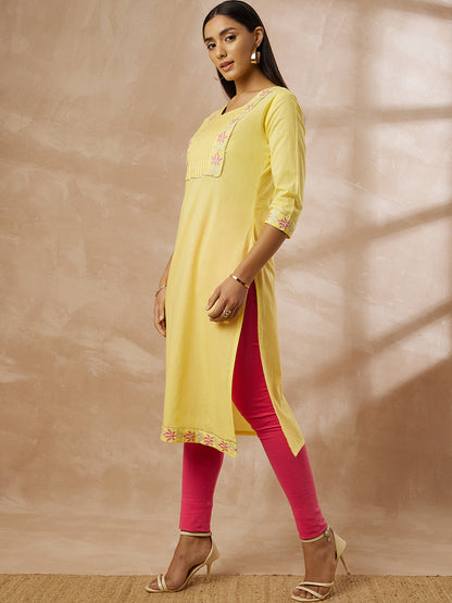 Yellow Cotton Straight Kurti with Embroidered