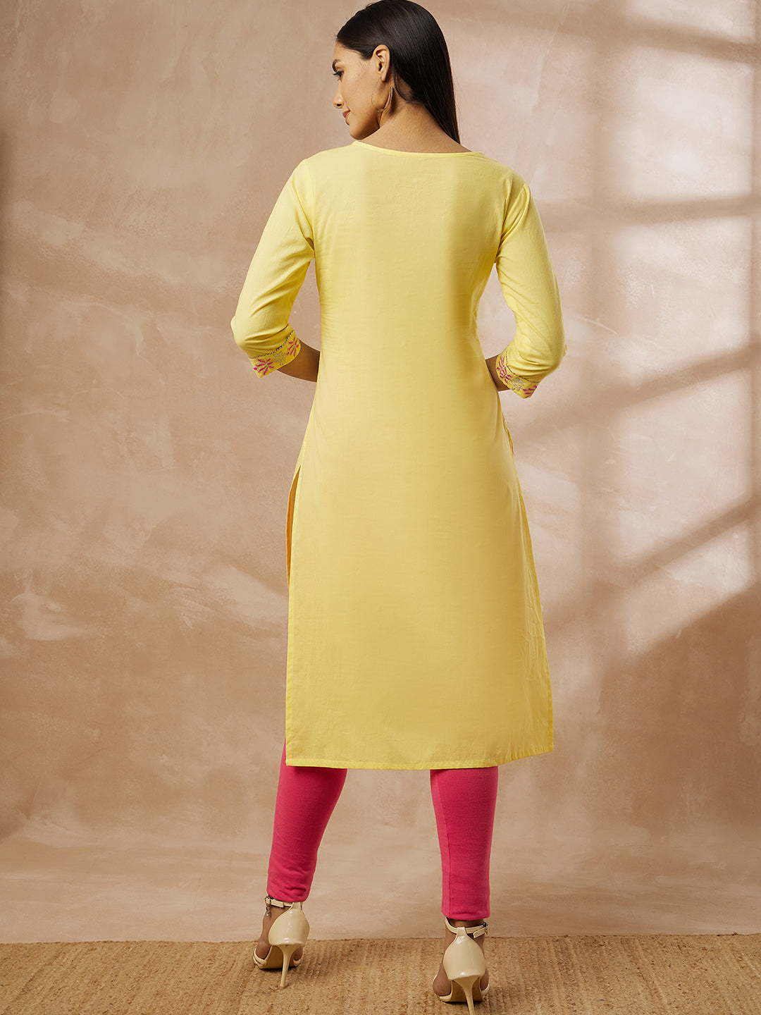 Yellow Cotton Straight Kurti with Embroidered