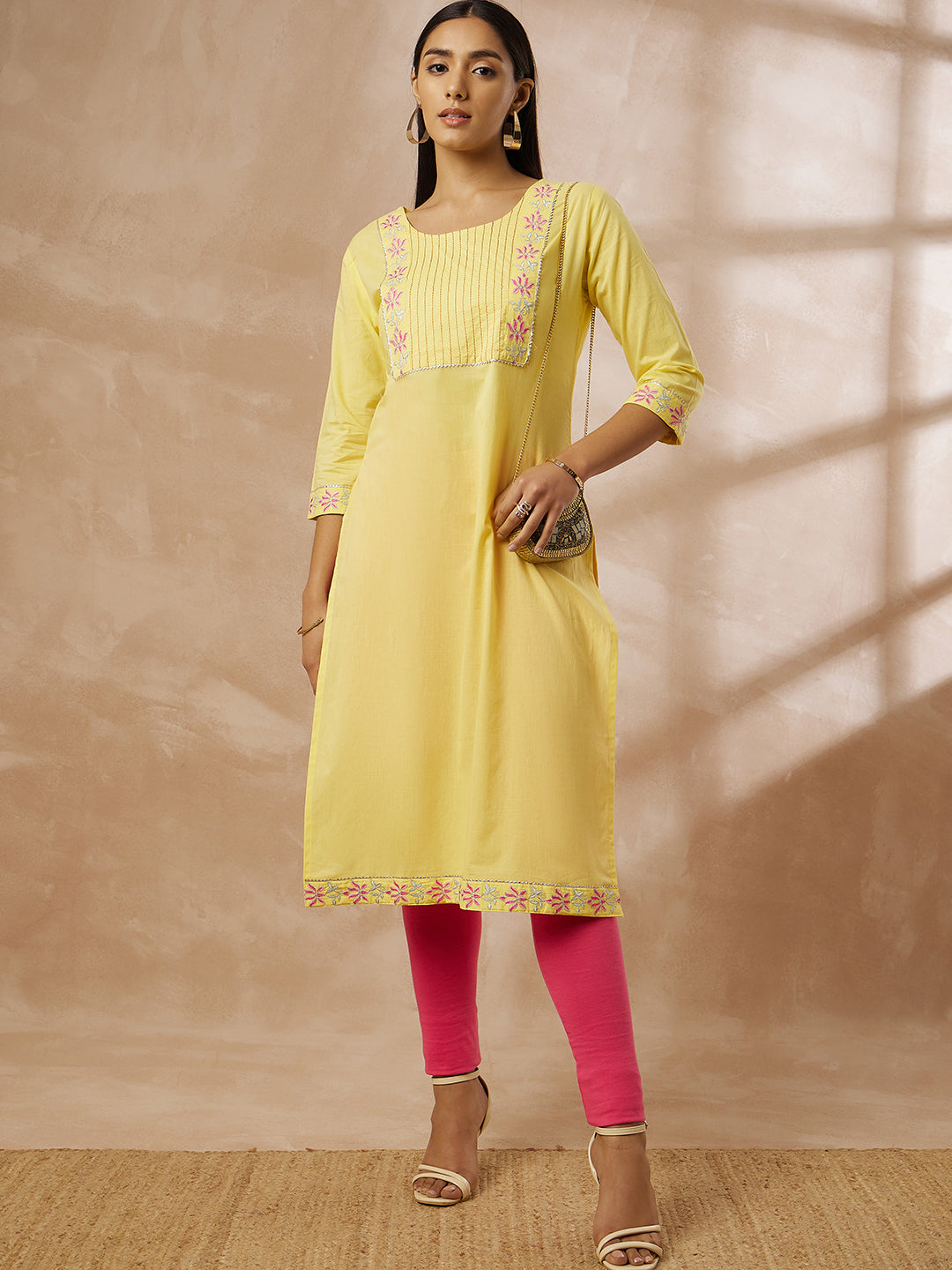Yellow Cotton Straight Kurti with Embroidered