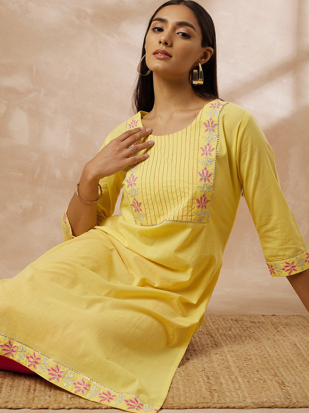 Yellow Cotton Straight Kurti with Embroidered