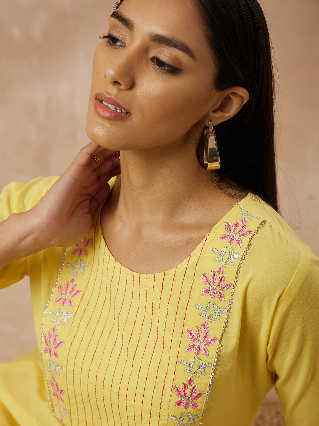 Yellow Cotton Straight Kurti with Embroidered