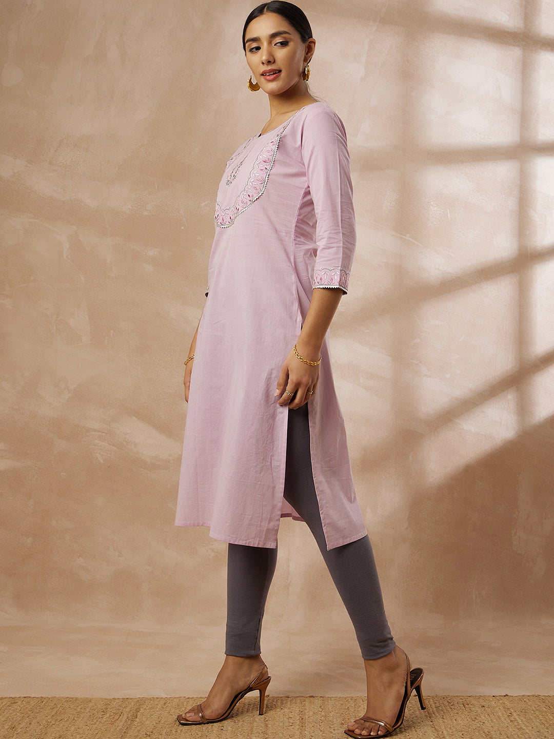 Light Pink Solid Straight Kurti with Embroidered Yoke Design