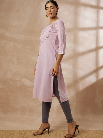 Light Pink Solid Straight Kurti with Embroidered Yoke Design
