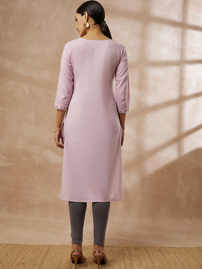 Light Pink Solid Straight Kurti with Embroidered Yoke Design