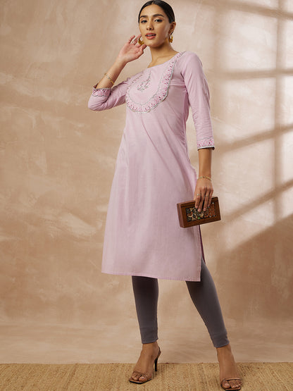 Light Pink Solid Straight Kurti with Embroidered Yoke Design