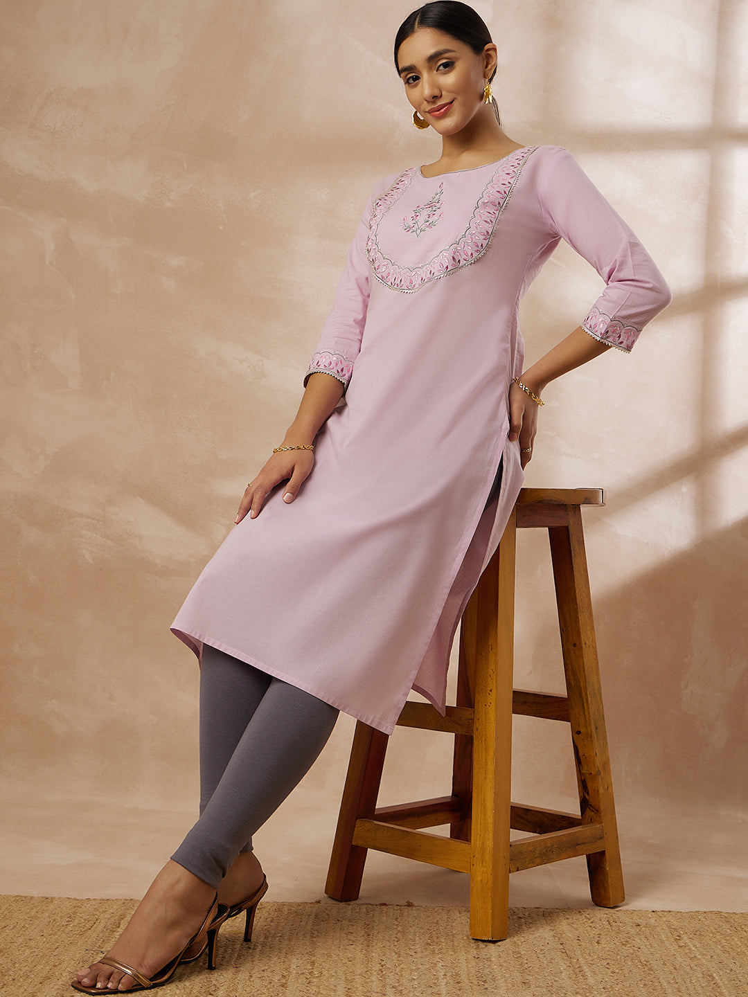 Light Pink Solid Straight Kurti with Embroidered Yoke Design