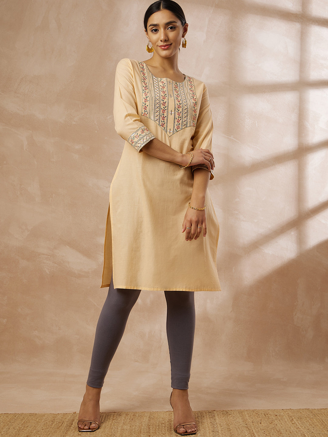 Beige Cotton Straight Kurta with Embroidered Yoke