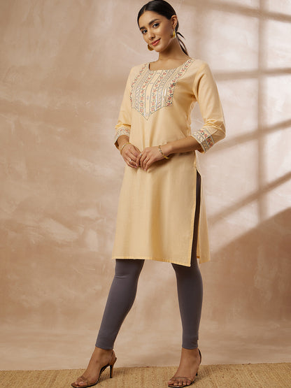 Beige Cotton Straight Kurta with Embroidered Yoke