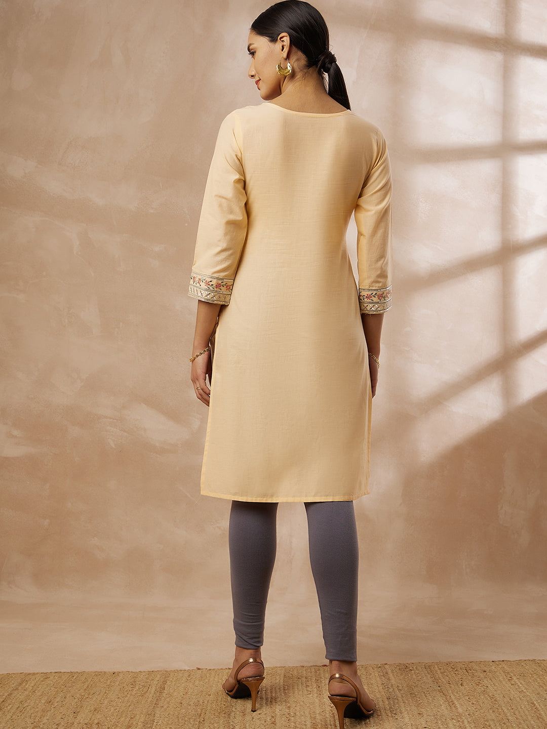Beige Cotton Straight Kurta with Embroidered Yoke