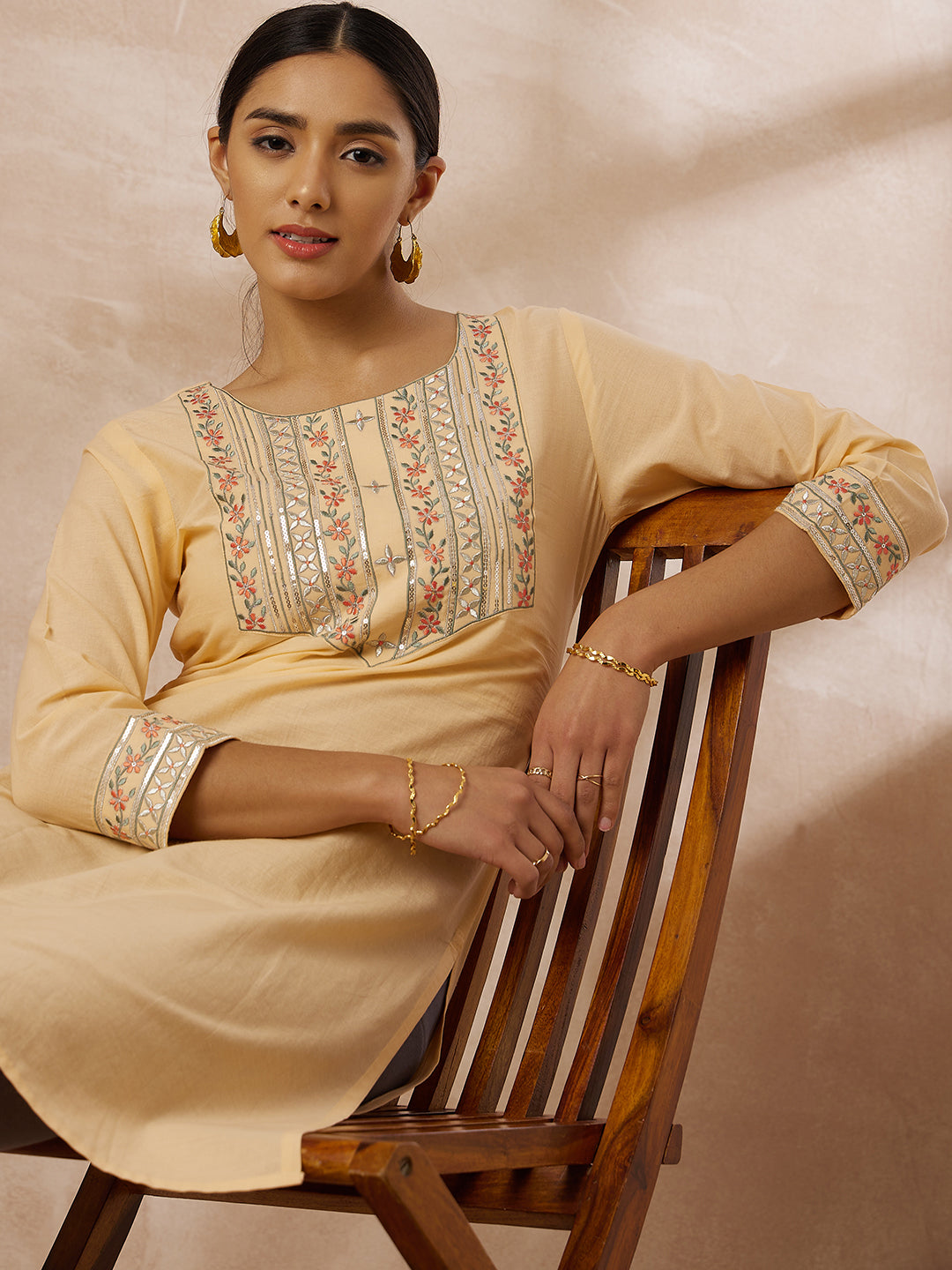 Beige Cotton Straight Kurta with Embroidered Yoke