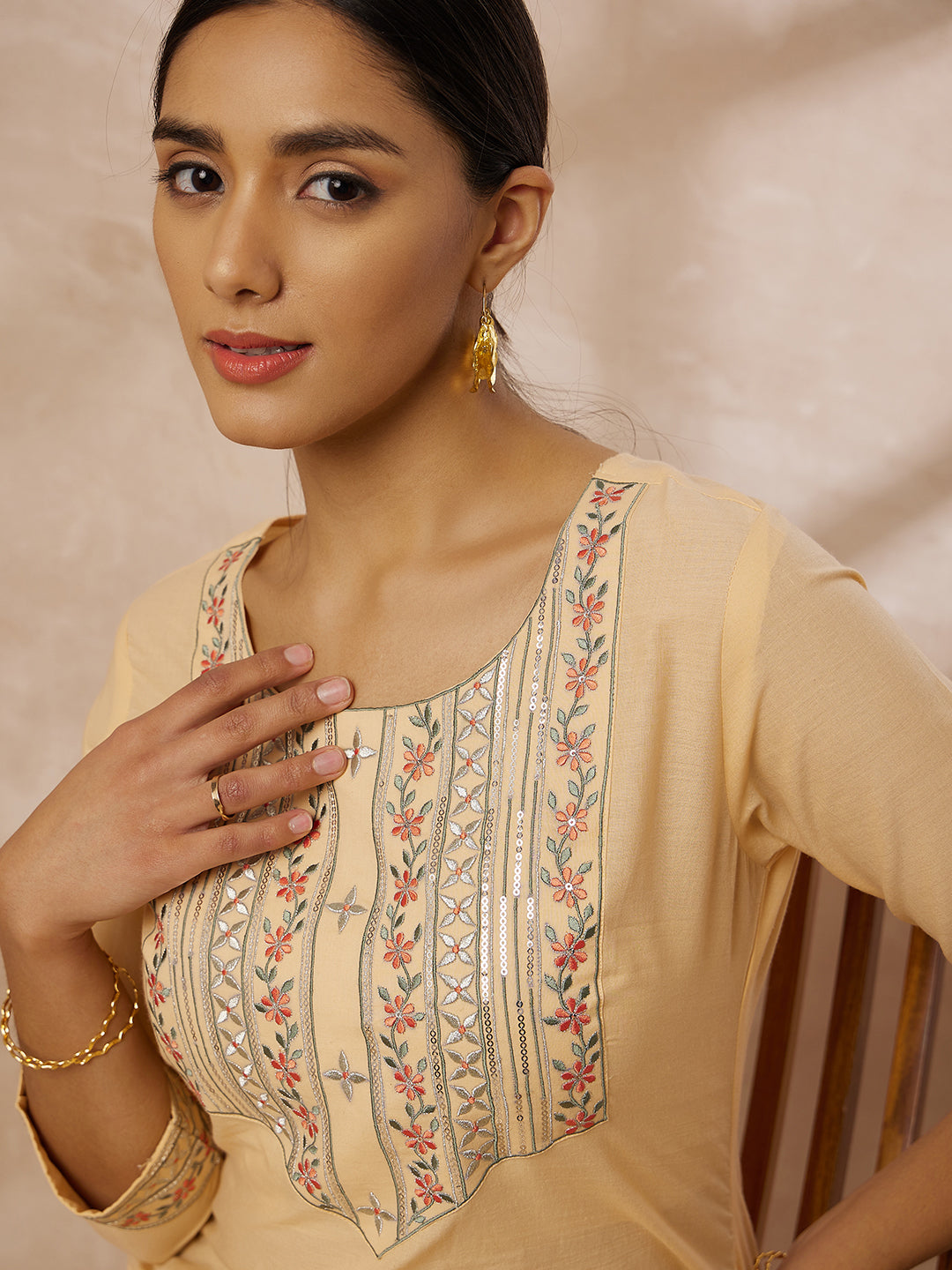 Beige Cotton Straight Kurta with Embroidered Yoke