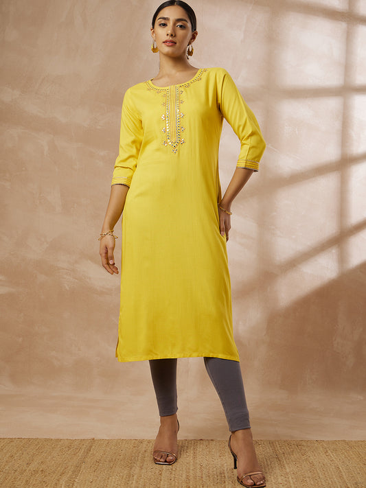 Women’s Yellow Straight Embroidered Kurti