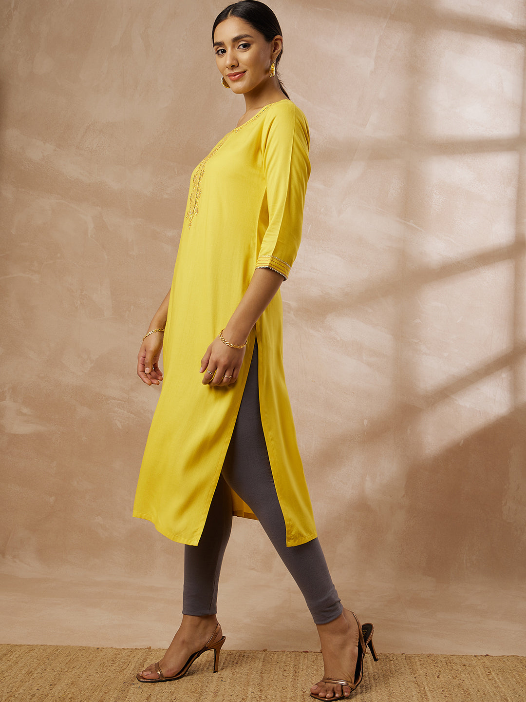 Women’s Yellow Straight Embroidered Kurti
