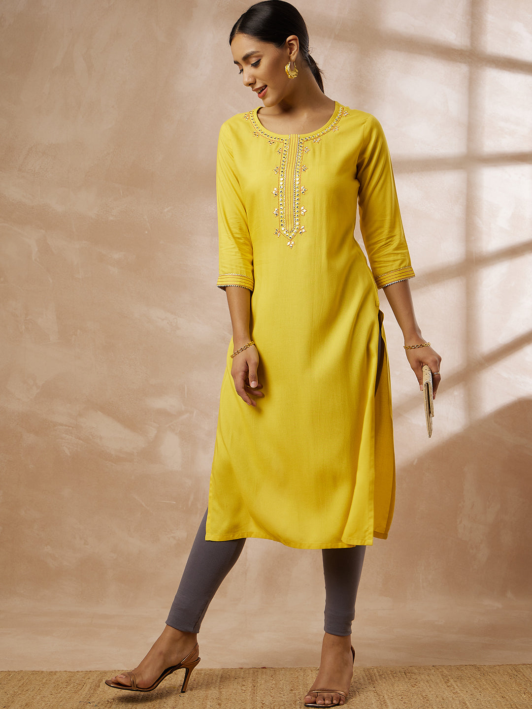 Women’s Yellow Straight Embroidered Kurti