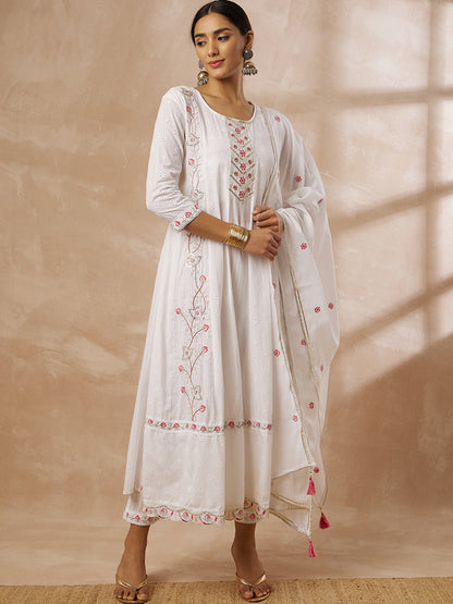 White Embroidered Anarkali Kurta Set with Dupatta