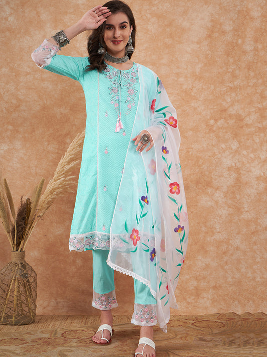 Aqua Blue Embroidered Salwar Suit with Floral Dupatta