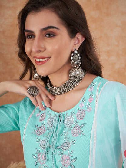 Aqua Blue Embroidered Salwar Suit with Floral Dupatta