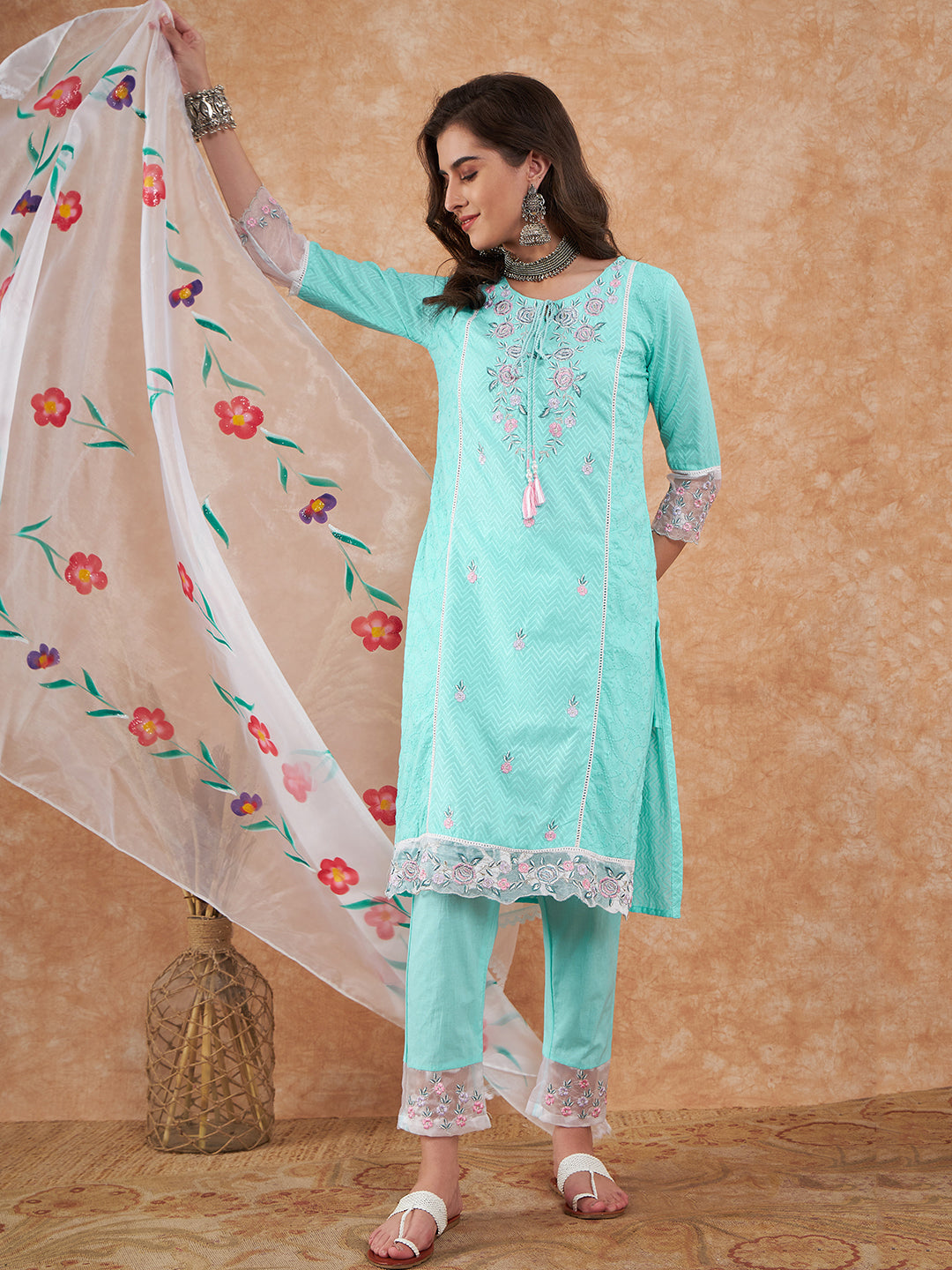 Aqua Blue Embroidered Salwar Suit with Floral Dupatta