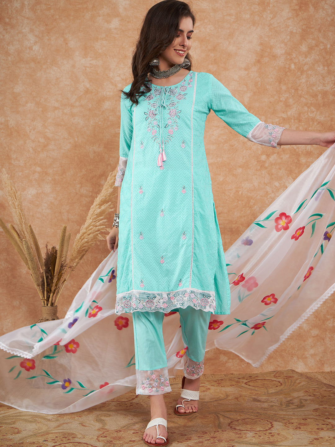 Aqua Blue Embroidered Salwar Suit with Floral Dupatta
