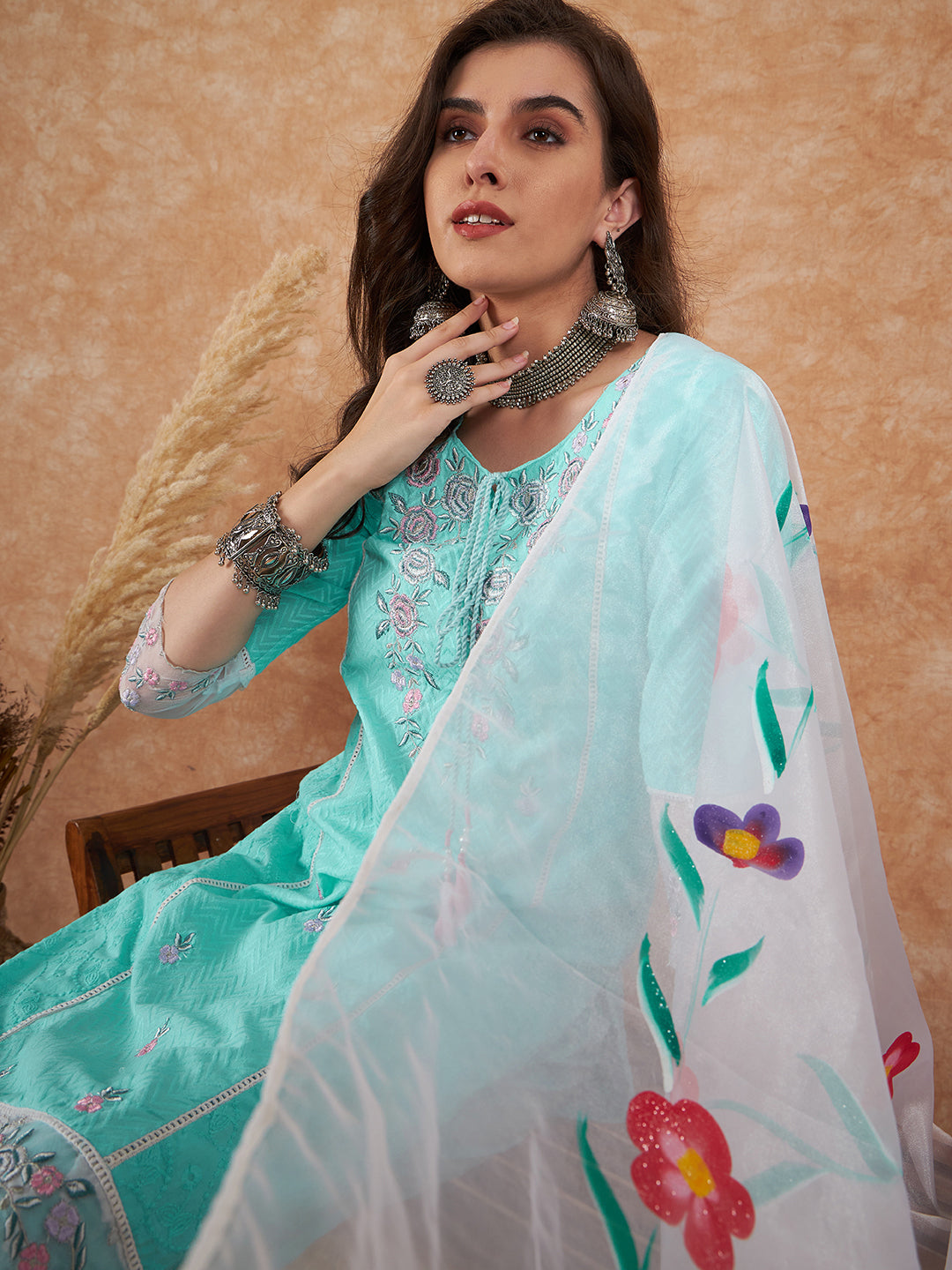 Aqua Blue Embroidered Salwar Suit with Floral Dupatta