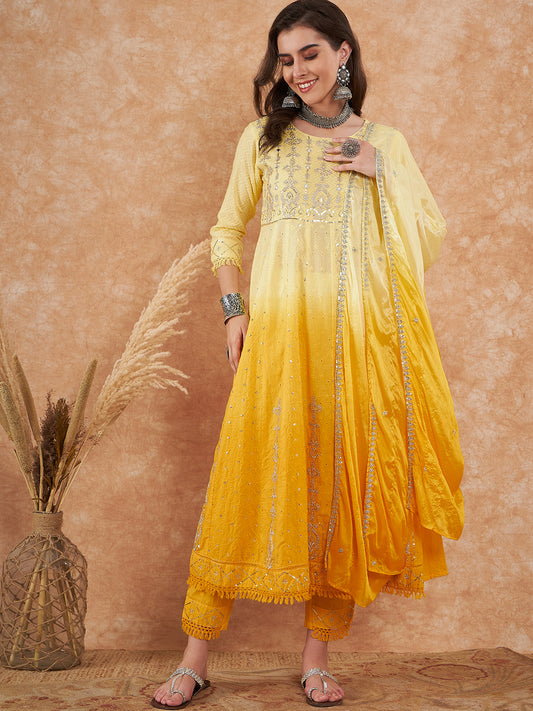 Yellow Ombre Embroidered Kurta Set with Dupatta
