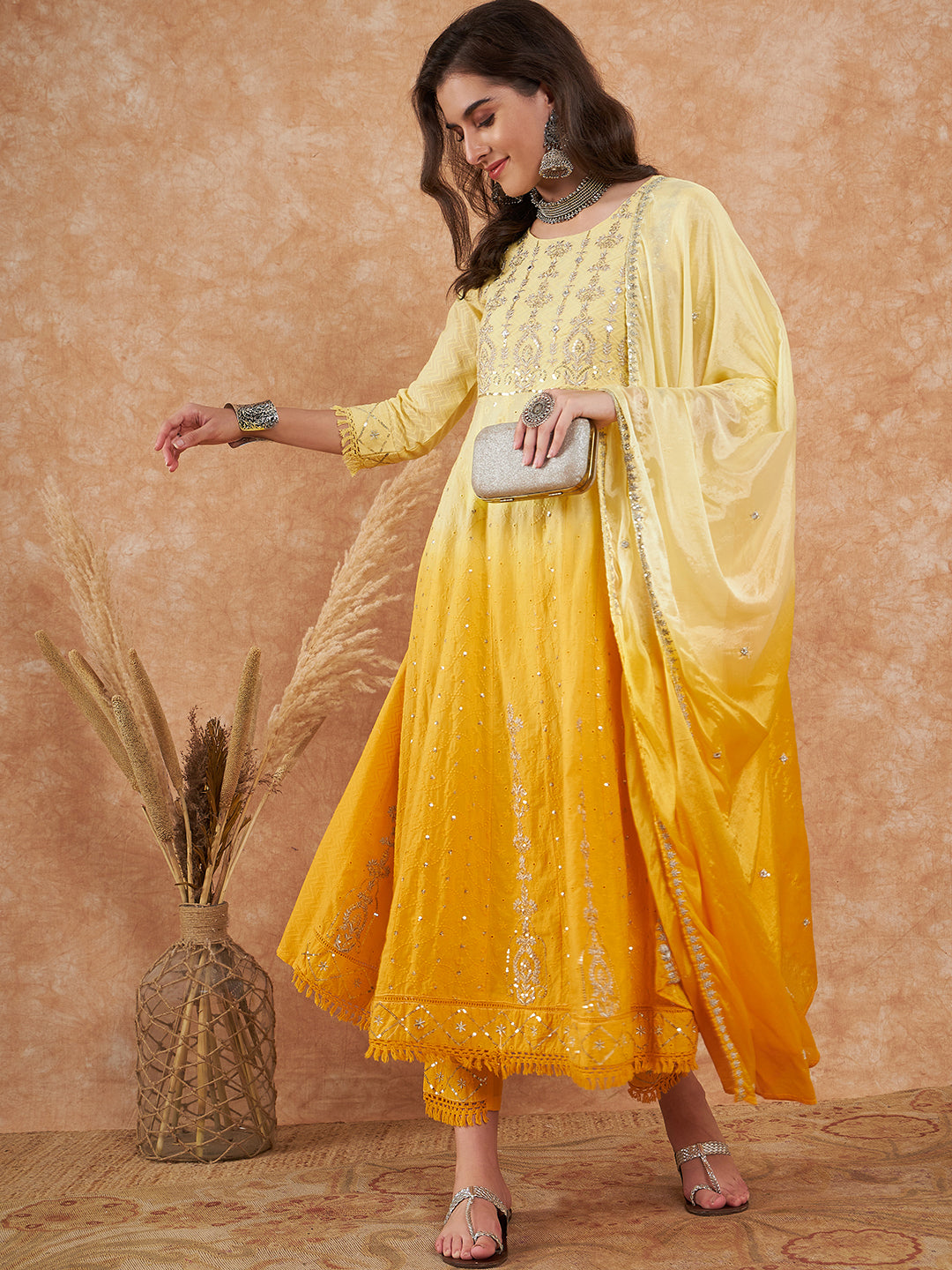 Yellow Ombre Embroidered Kurta Set with Dupatta