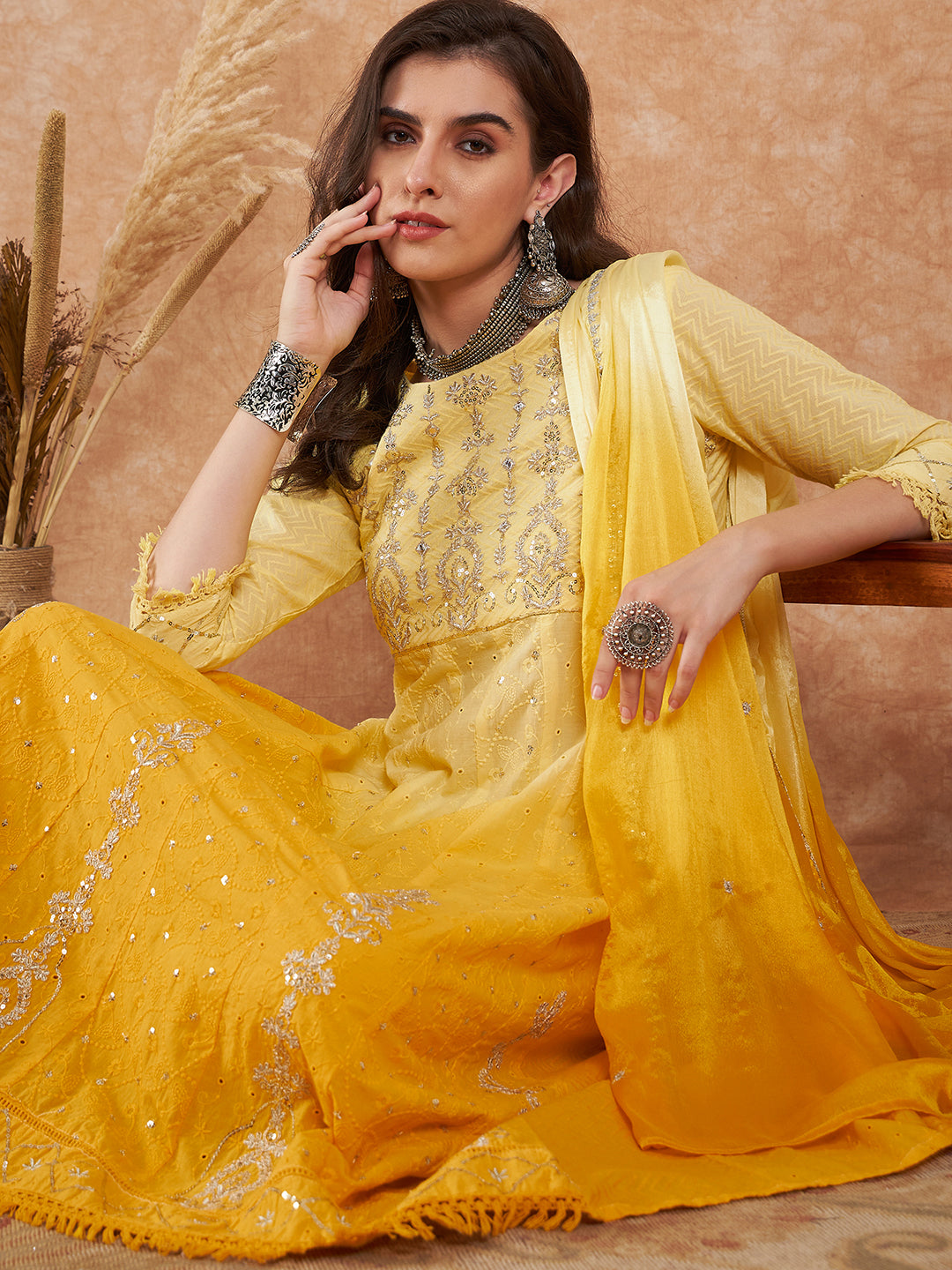 Yellow Ombre Embroidered Kurta Set with Dupatta