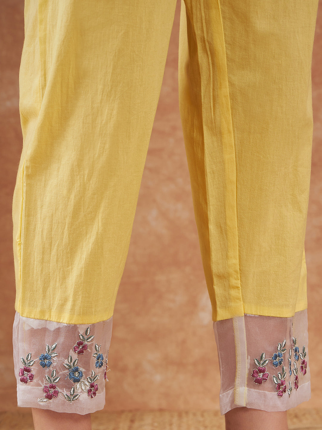 Sunshine Yellow Floral Embroidered Suit Set with Organza Dupatta