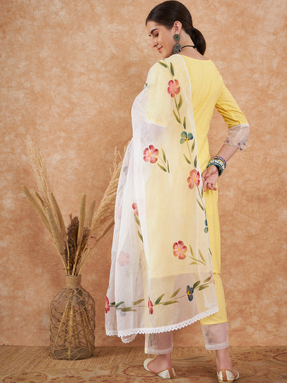 Sunshine Yellow Floral Embroidered Suit Set with Organza Dupatta