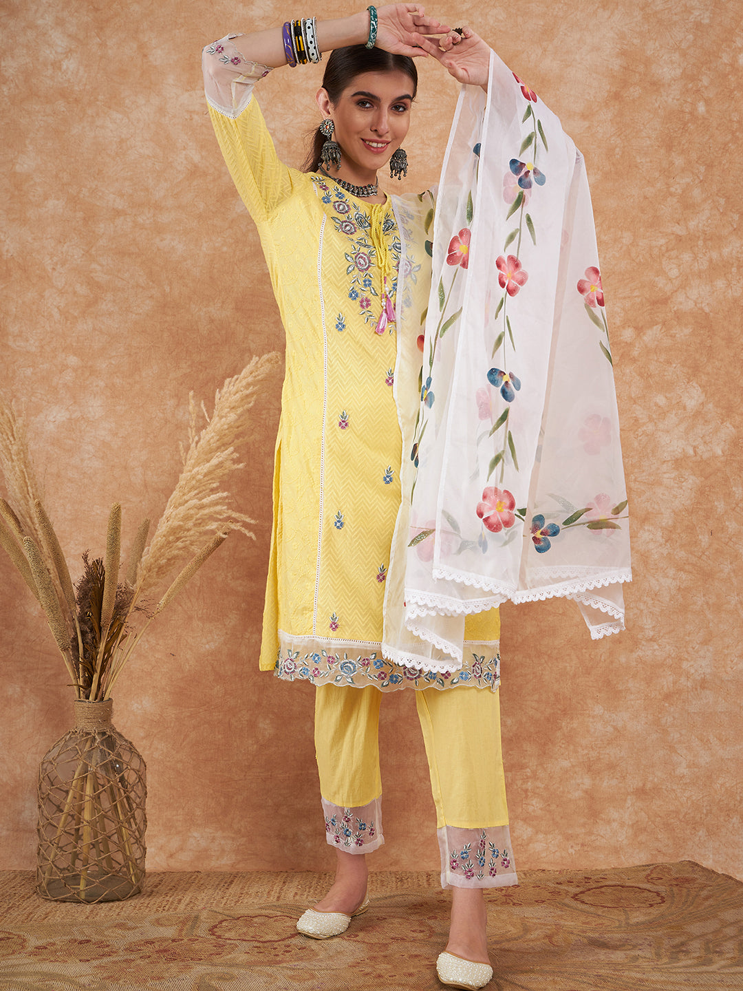 Sunshine Yellow Floral Embroidered Suit Set with Organza Dupatta