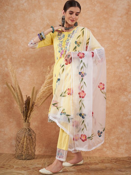 Sunshine Yellow Floral Embroidered Suit Set with Organza Dupatta