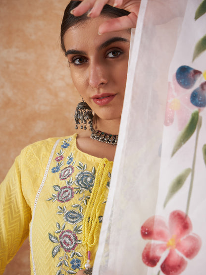 Sunshine Yellow Floral Embroidered Suit Set with Organza Dupatta
