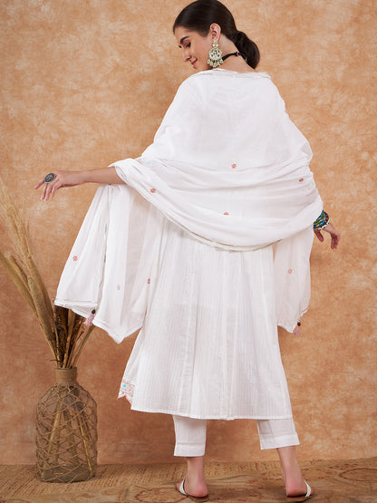 White Embroidered Cotton Anarkali Suit with Dupatta
