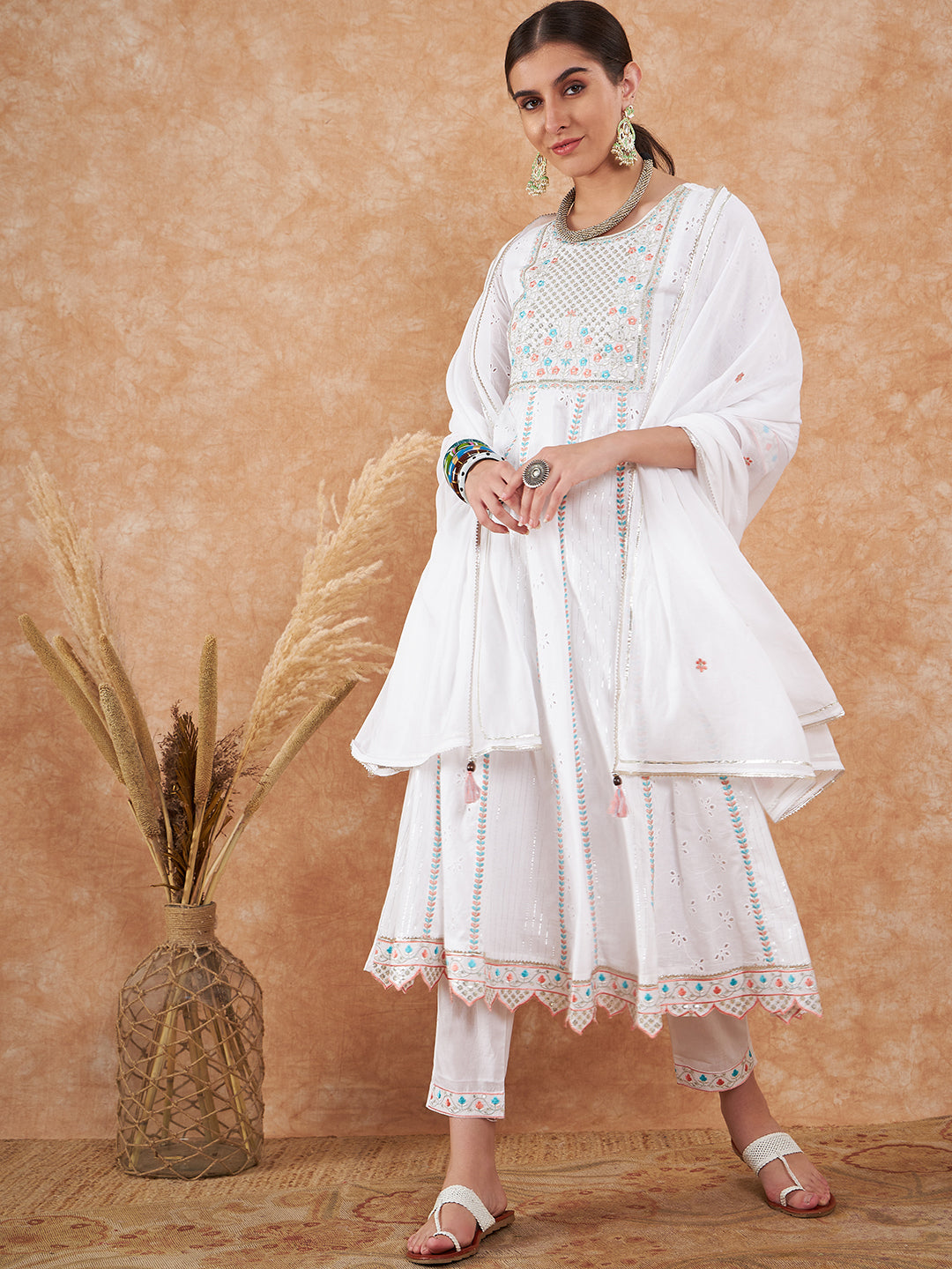 White Embroidered Cotton Anarkali Suit with Dupatta