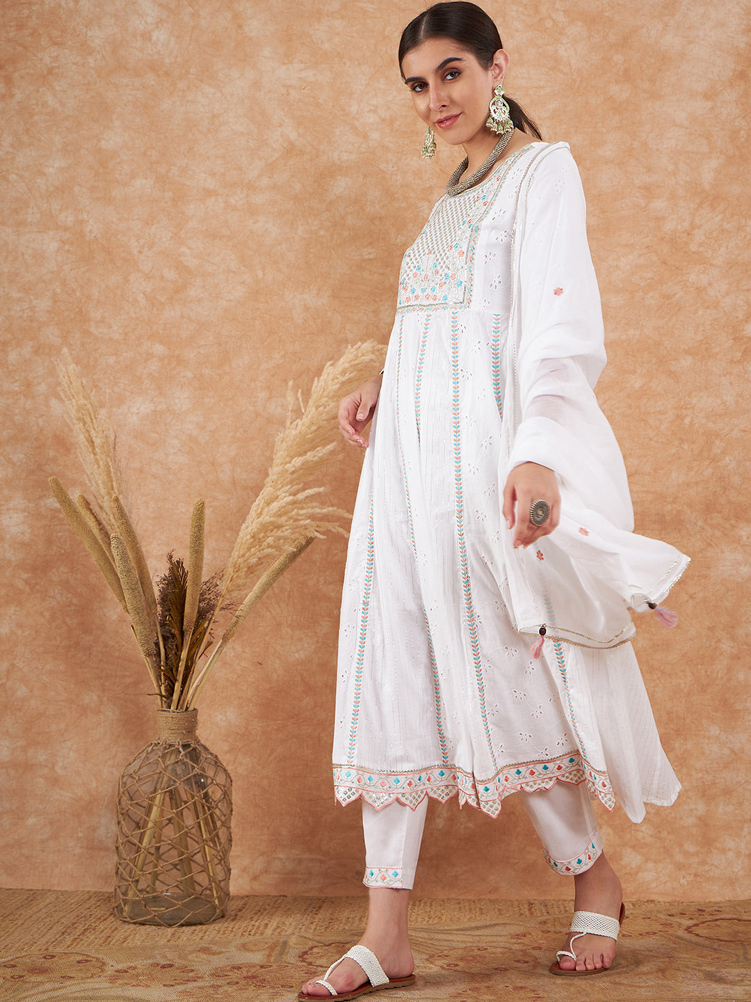 White Embroidered Cotton Anarkali Suit with Dupatta