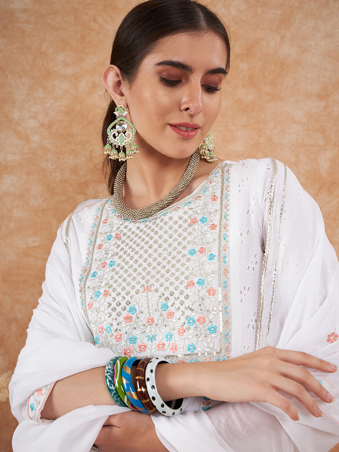 White Embroidered Cotton Anarkali Suit with Dupatta